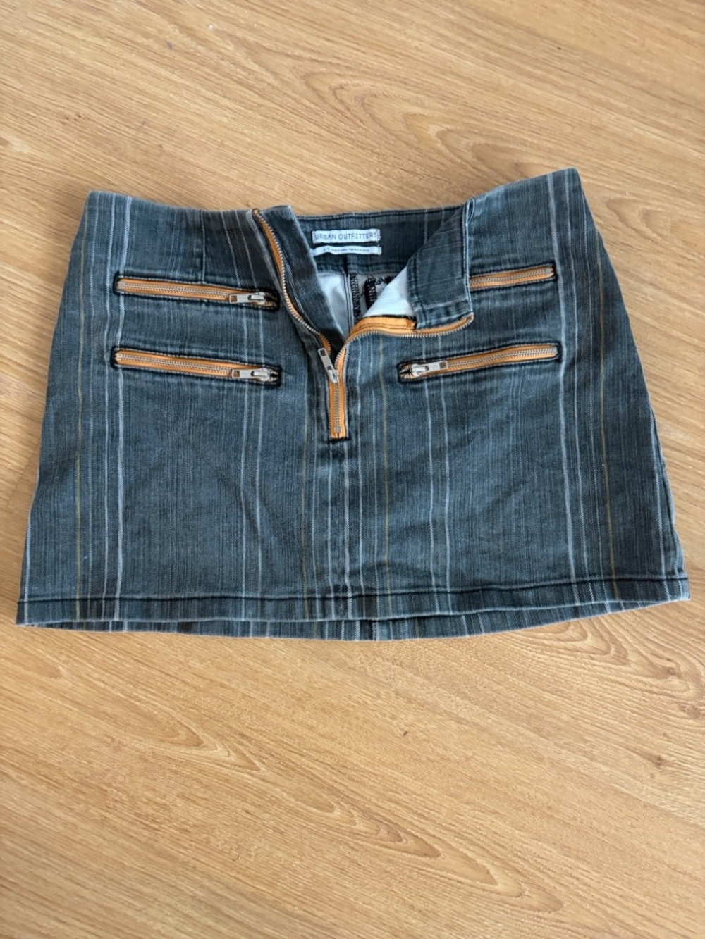 Urban Outfitters Charcoal Pinstripe Mini Skirt with Tan Zipper Trim